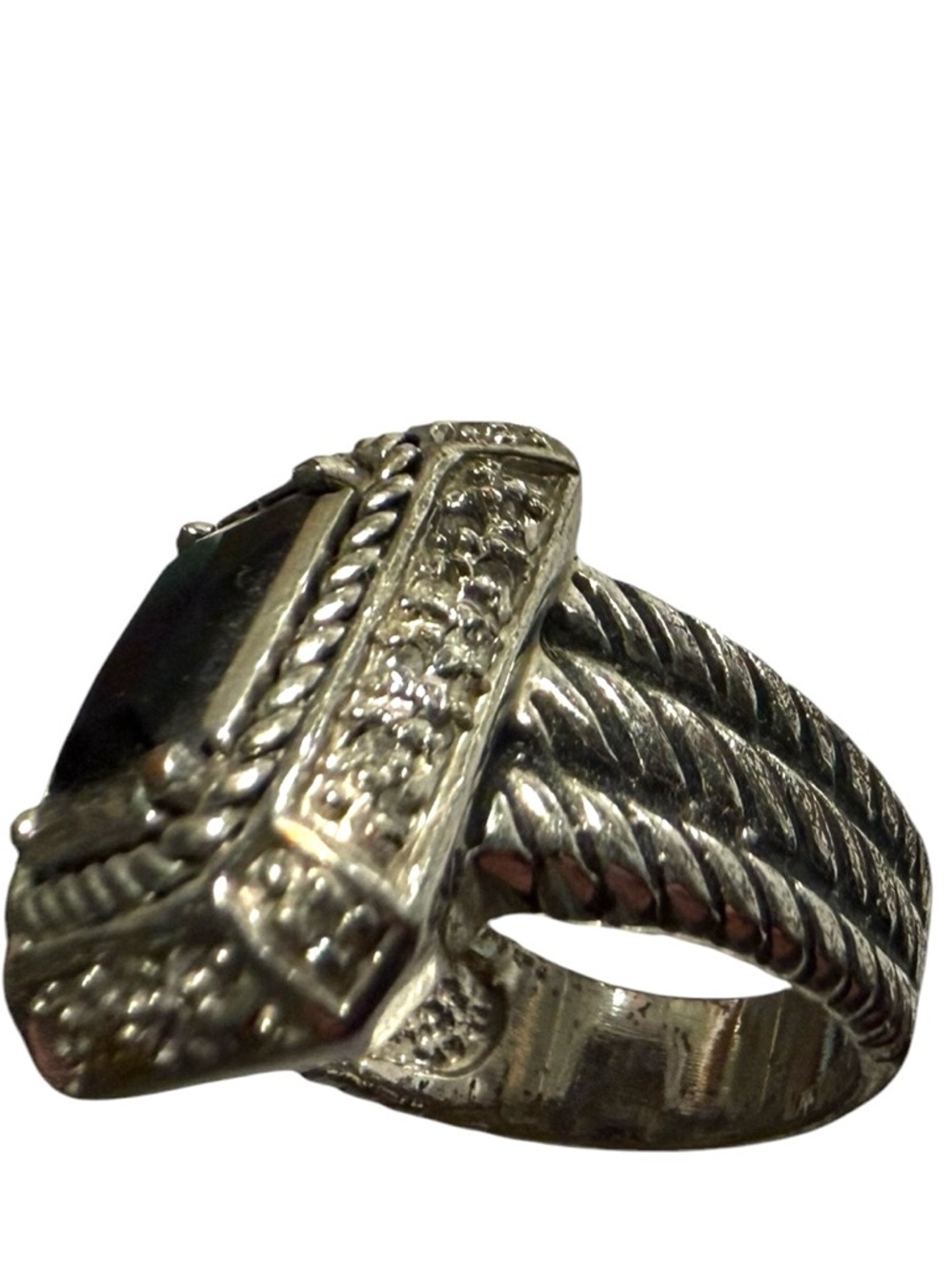 Vintage Silver Rope Statement Ring Black Onyx Rectangular Stone Chunky